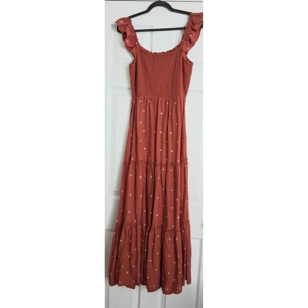 Old Navy Maxi Dress Medium Tall Orange Smocked Embroidered Tiered Cottagecore - Picture 2 of 12
